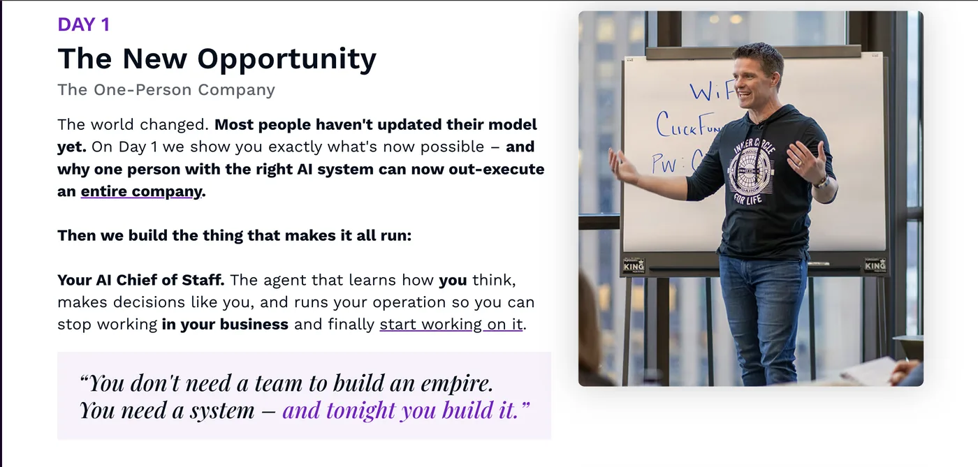 Day 1 curriculum screen from inside the AI Secrets Challenge