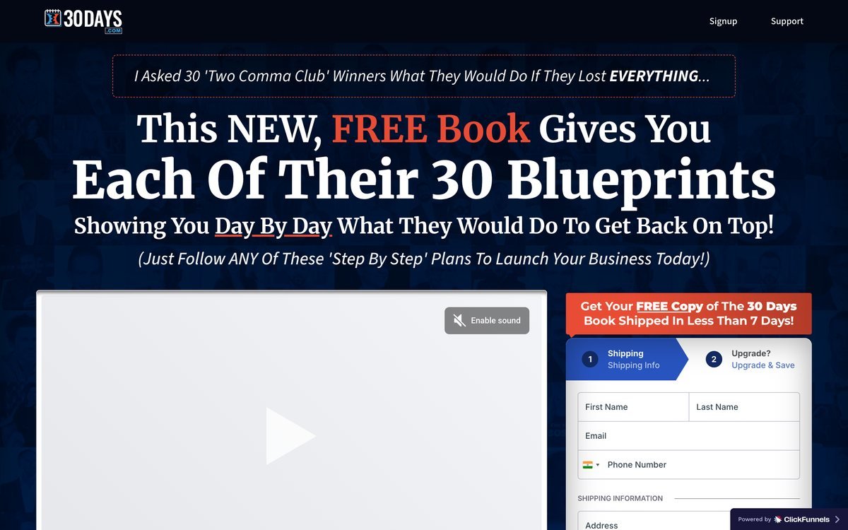 The 30 Days book order page on 30days.com, showing the free-copy offer and checkout form