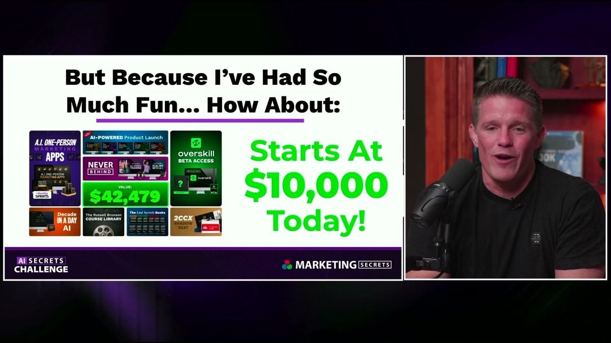 AI Secrets Challenge price anchoring slide showing the offer starting at $10,000 before dropping to $2,997