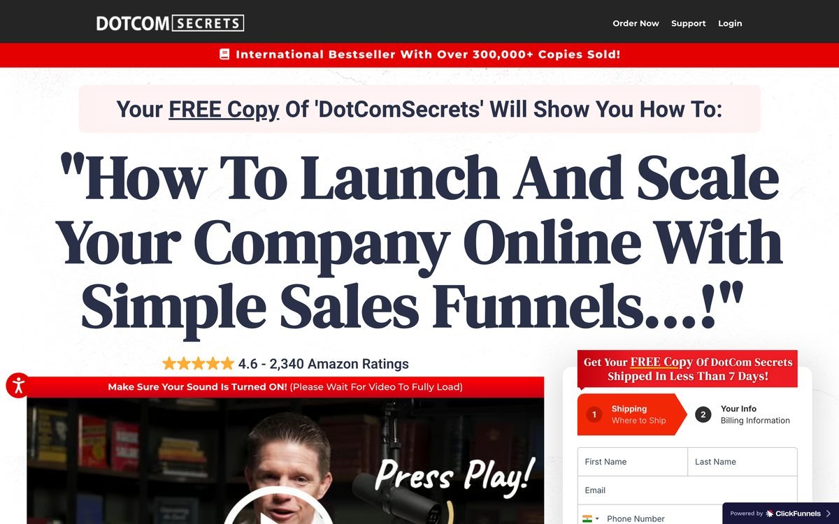 The DotCom Secrets order page on dotcomsecrets.com, showing the free-book offer and shipping checkout form