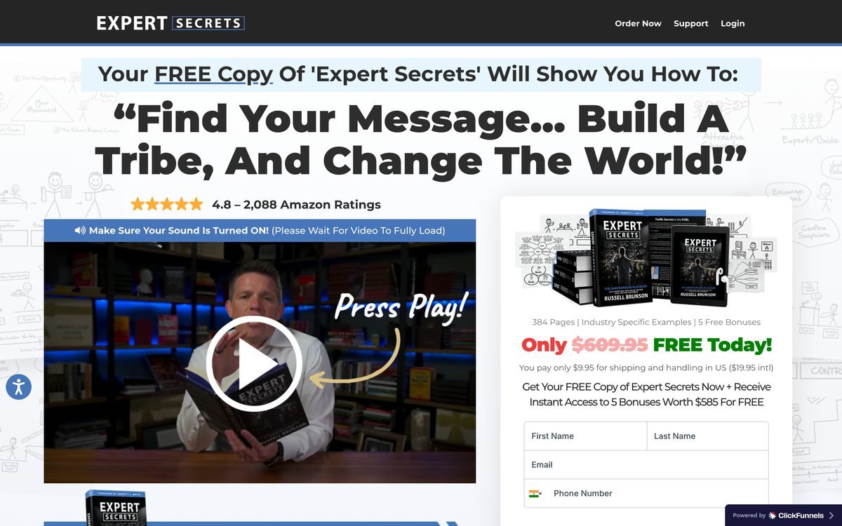The Expert Secrets order page on expertsecrets.com, showing the free-book offer and checkout form