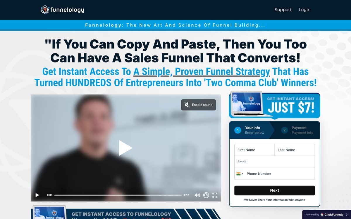 The Funnelology sales page on funnelology.com, showing the $7 instant-access offer and order form
