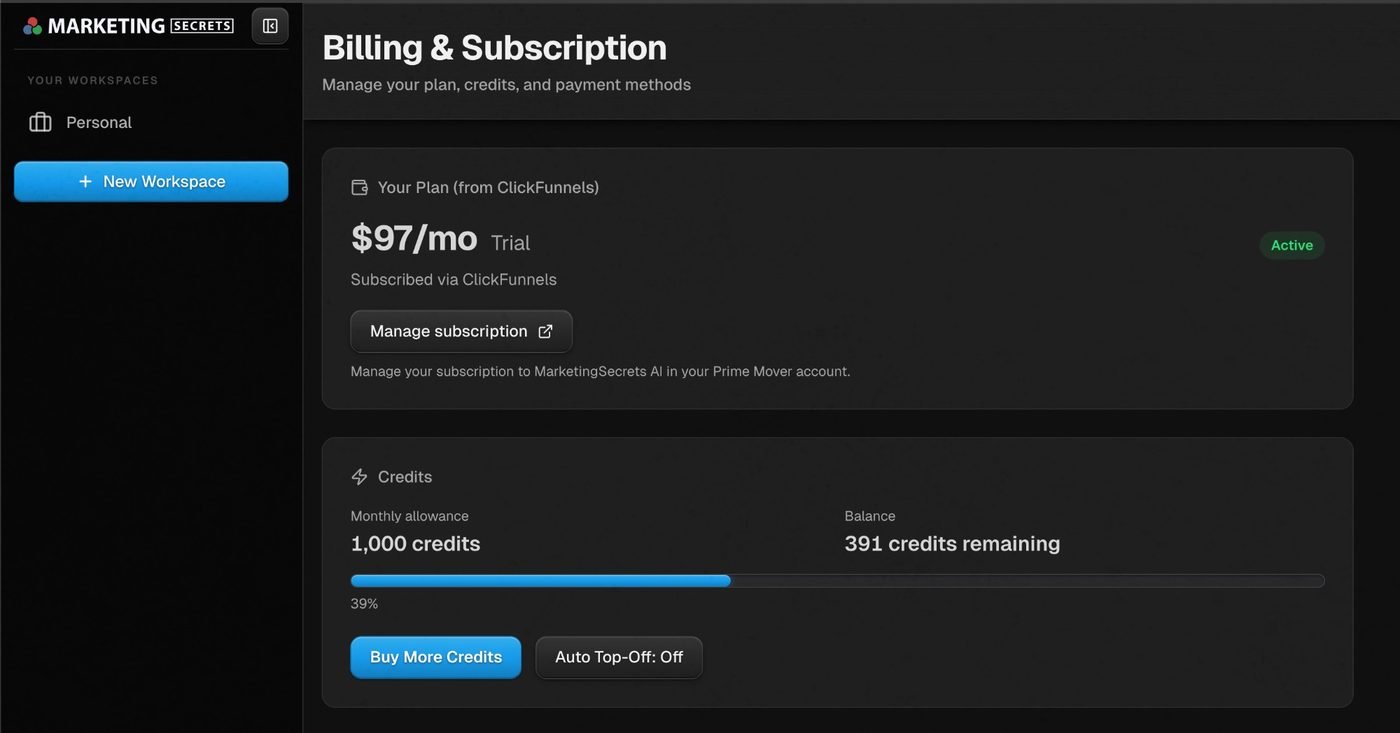 MarketingSecrets.AI billing page showing the $97 monthly plan with 1,000 credits