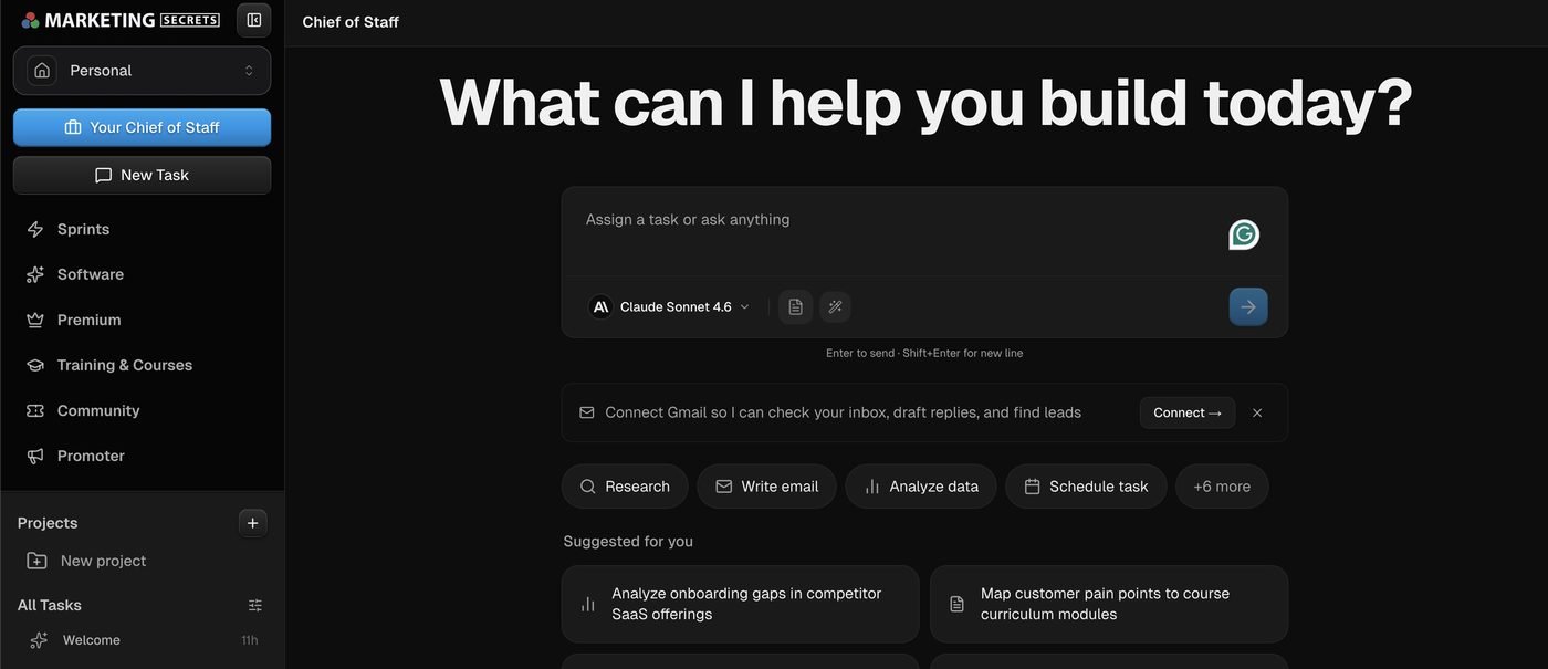 MarketingSecrets.AI Chief of Staff dashboard — the AI agent configured on Day 1