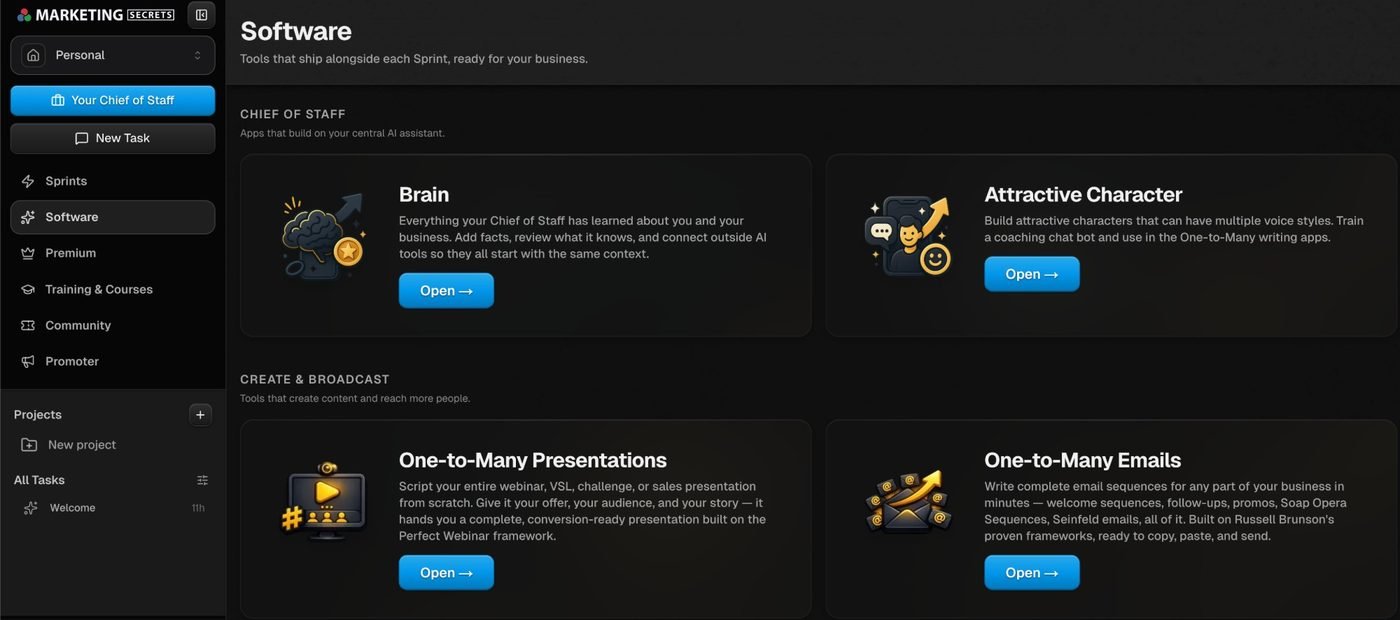 MarketingSecrets.AI software module grid with Brain, Attractive Character and One-to-Many apps