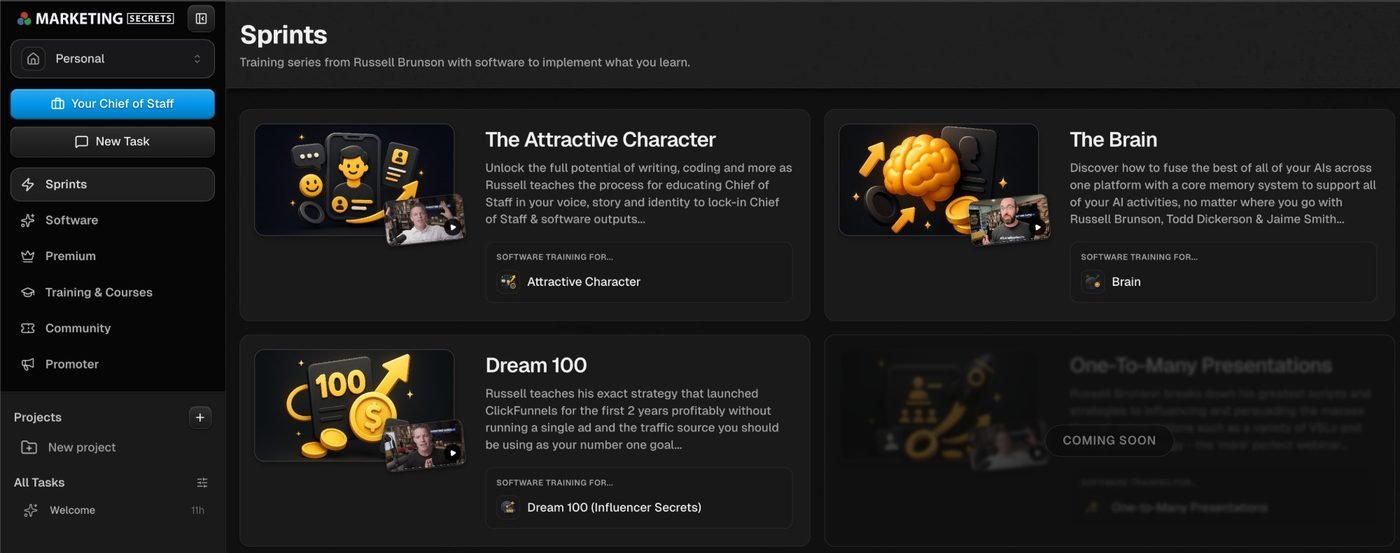MarketingSecrets.AI Sprints page with Attractive Character, Brain and Dream 100 trainings